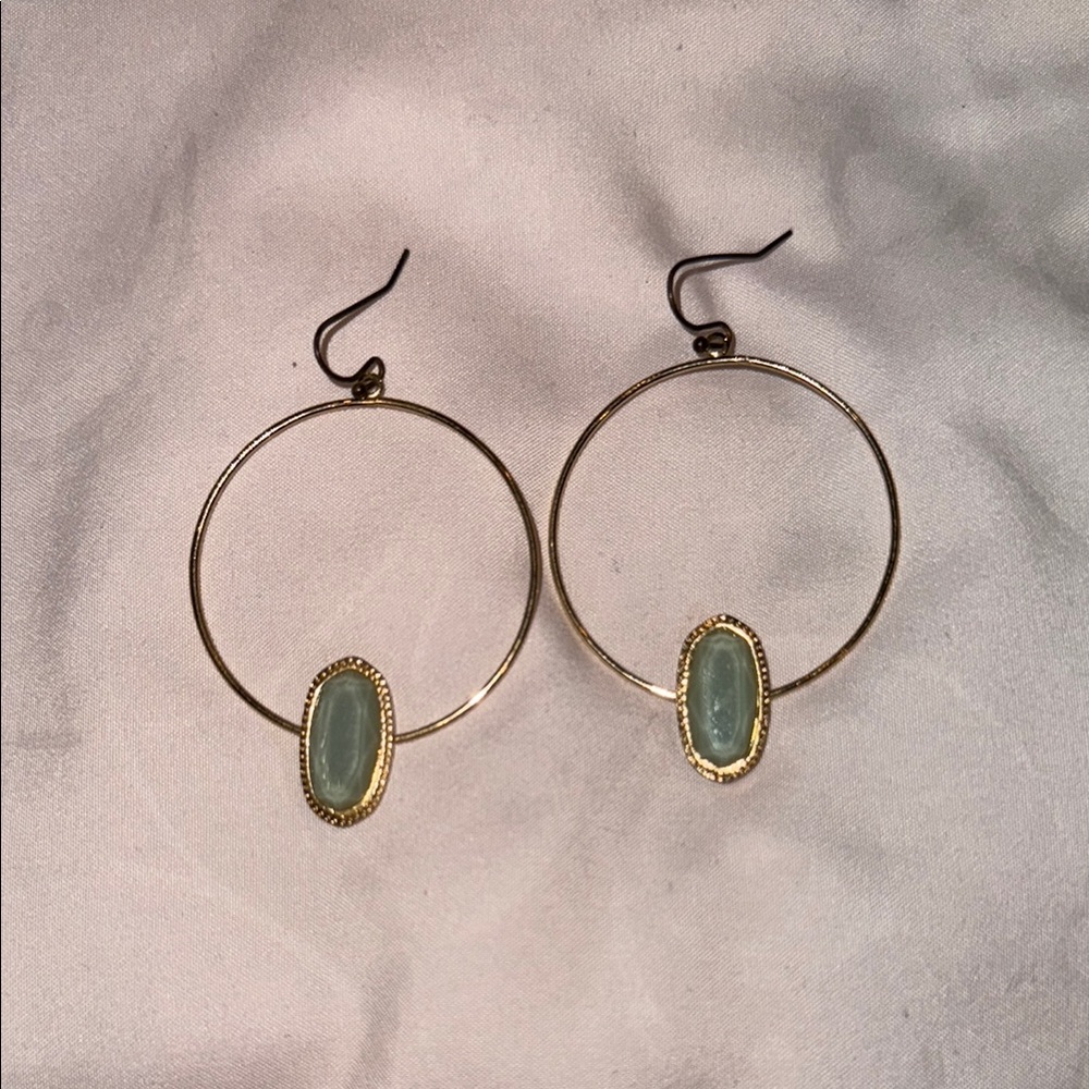 Gold Hoop Earrings with Green Stone Accent - Women Jewelry